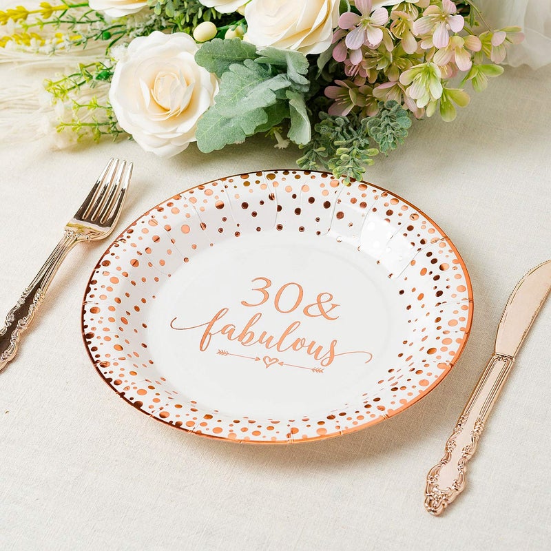 Crisky 30 Fabulous Disposable Plates for Women 30th Birthday Decorations Rose Gold Dessert, Buffet, Cake Disposable Plates 30th Birthday Party Table Supples, 50 Count, 9 inches - Image 5